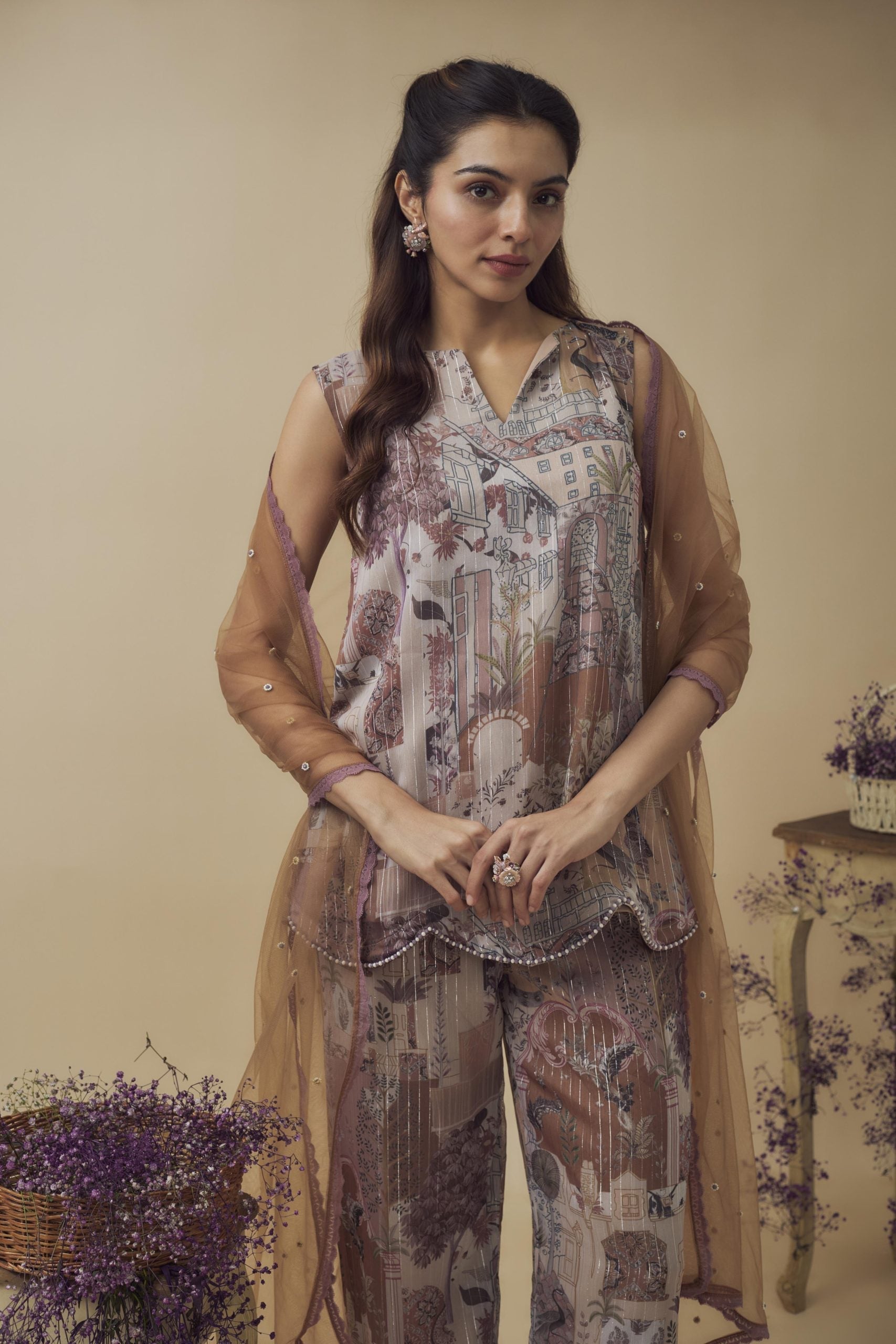 PRINTED CRYSTAL DETAILED TOP-PANT SET