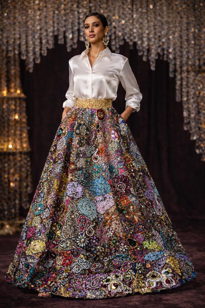 Heera Hand-Embellished Patchwork Skirt - Luxury Festive Ensemble