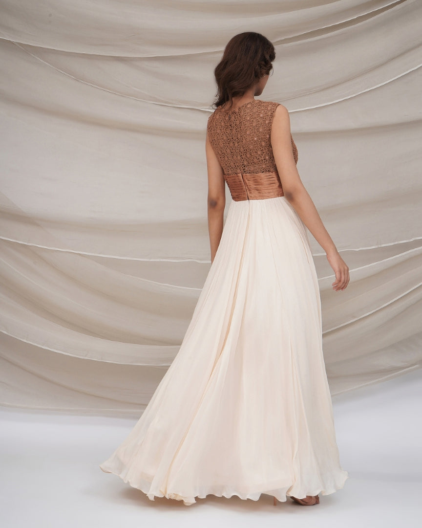 Bronze and cream layered pleated Gown