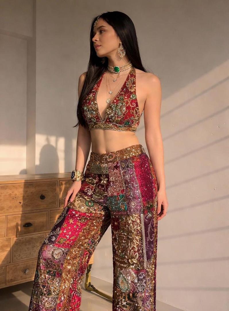 Imperial Hand-Embellished Patchwork Pant and Bikini Top Set