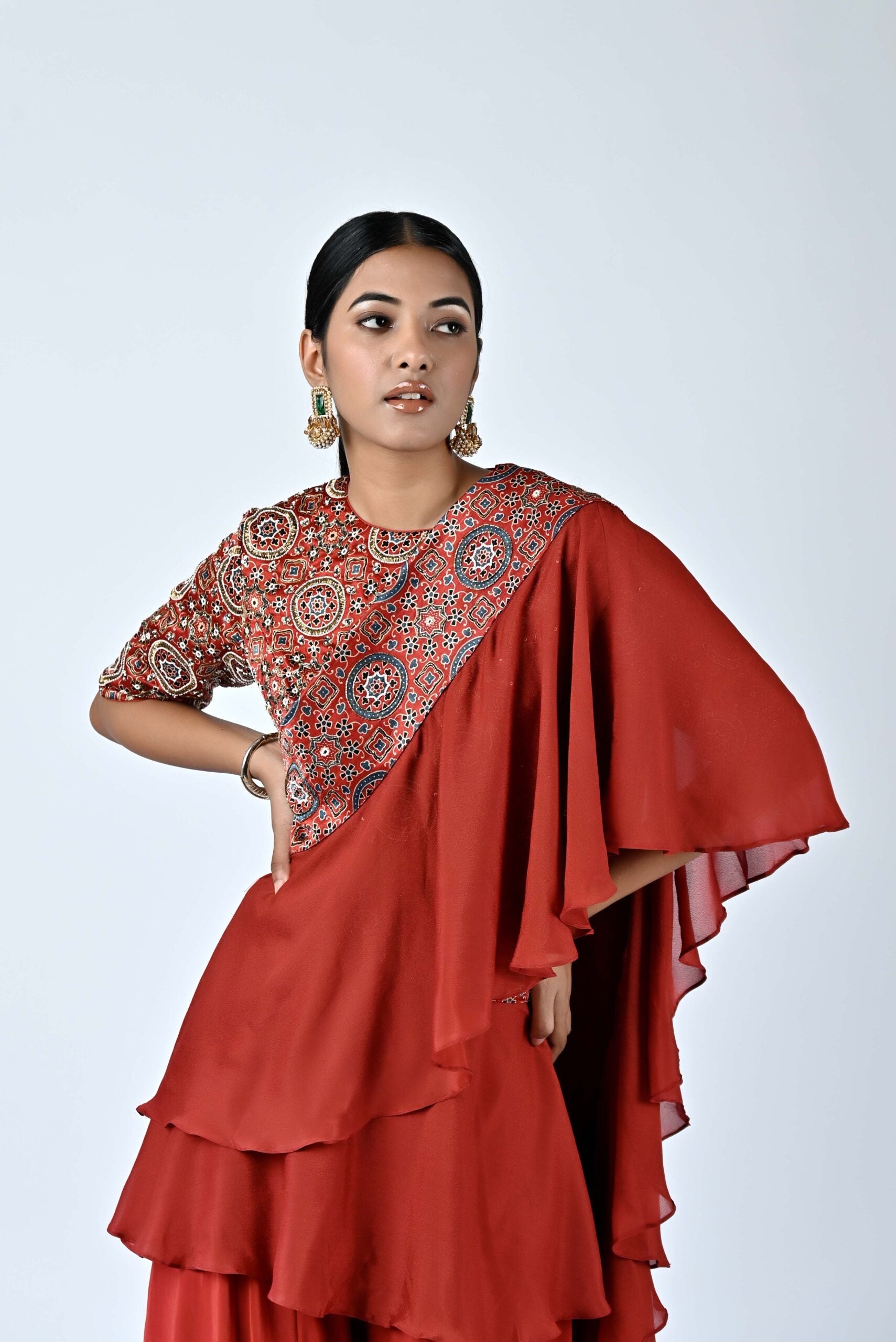 Red ajrakh embellished blouse dupatta set