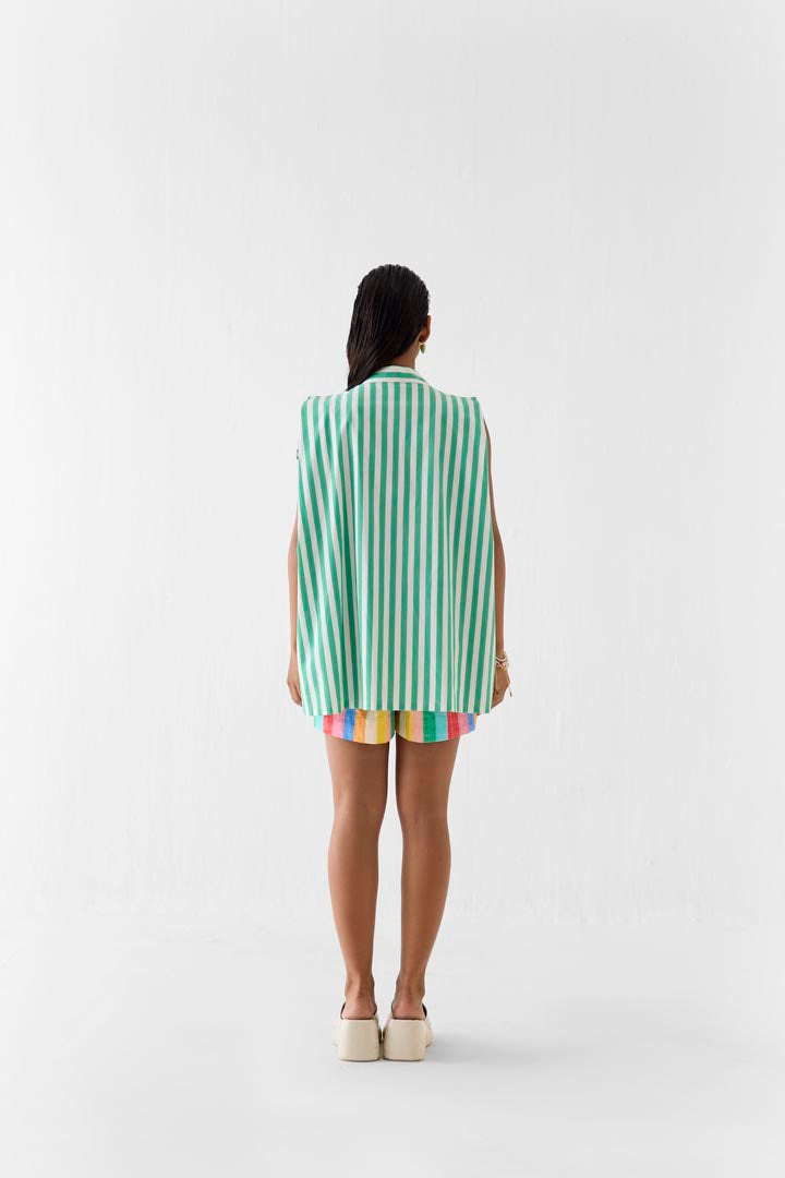 Mint Green Striped Poplin Shirt with Floral Applique - Summer Style