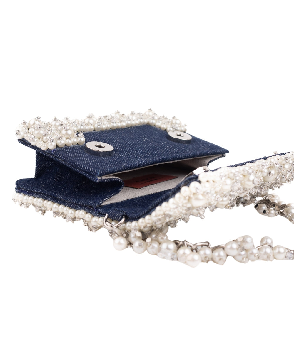 Elana Denim Pearl Embellished Mini Bag