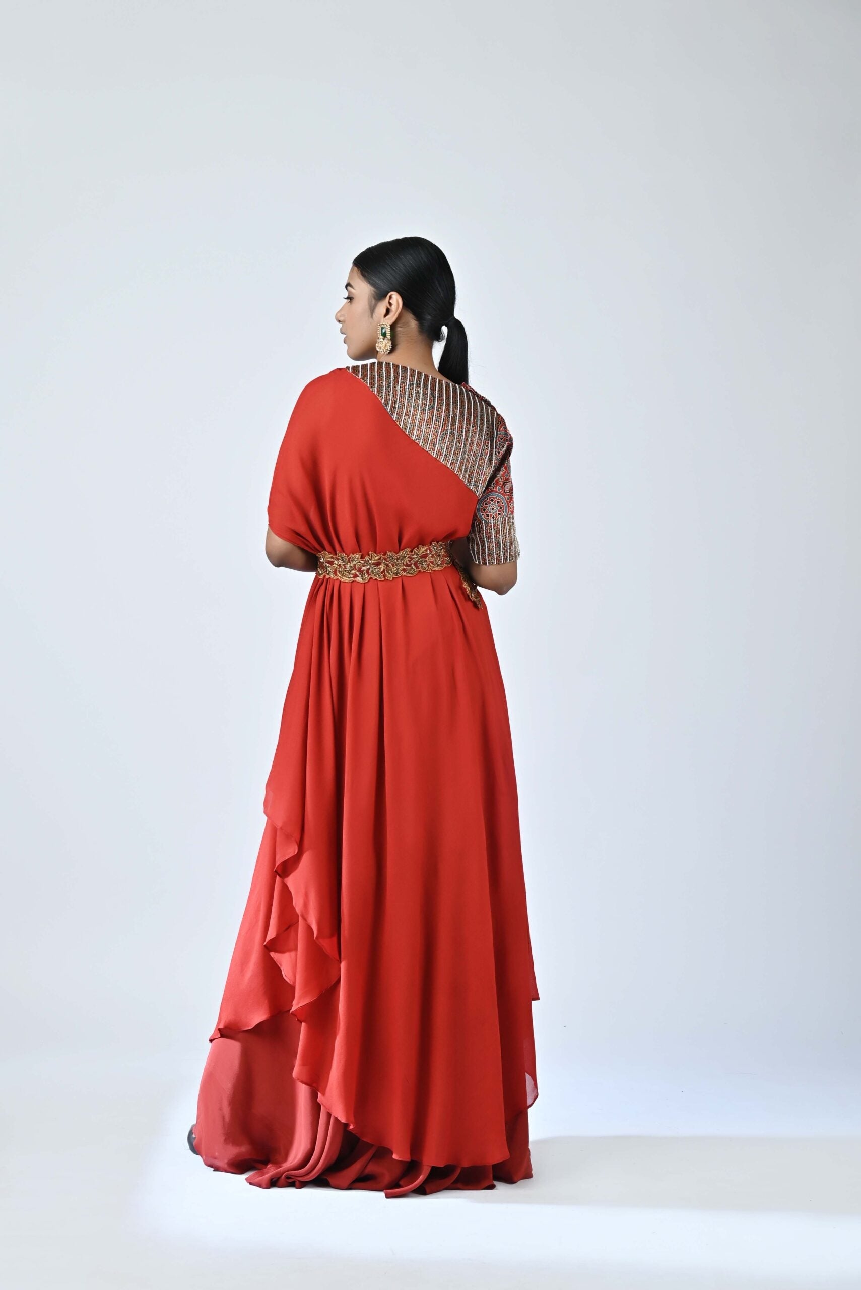 Red ajrakh embellished one sleeve laftan with flare pants