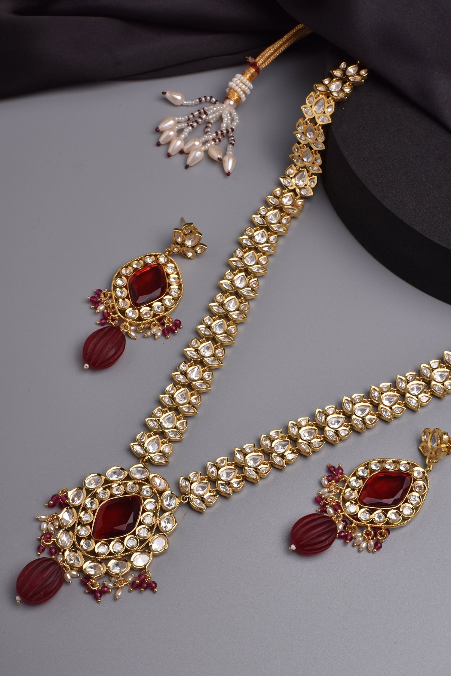 Red Gold Tone Polki Necklace Set