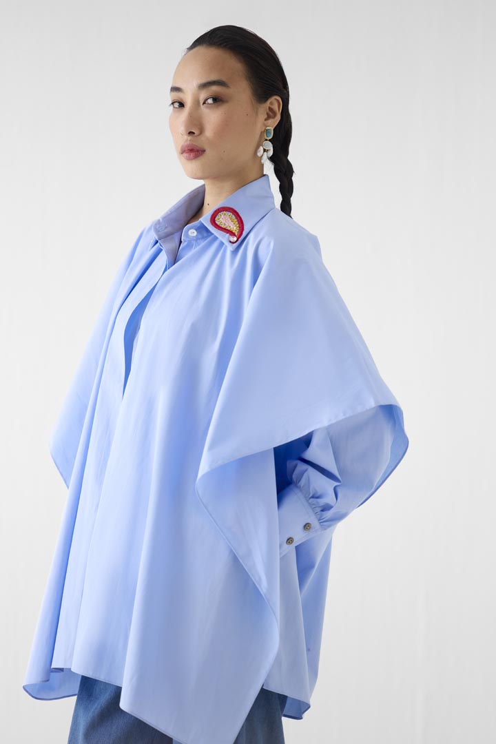 Azure Layered Poplin Shirt with Sequin Embroidered Paisley Collar
