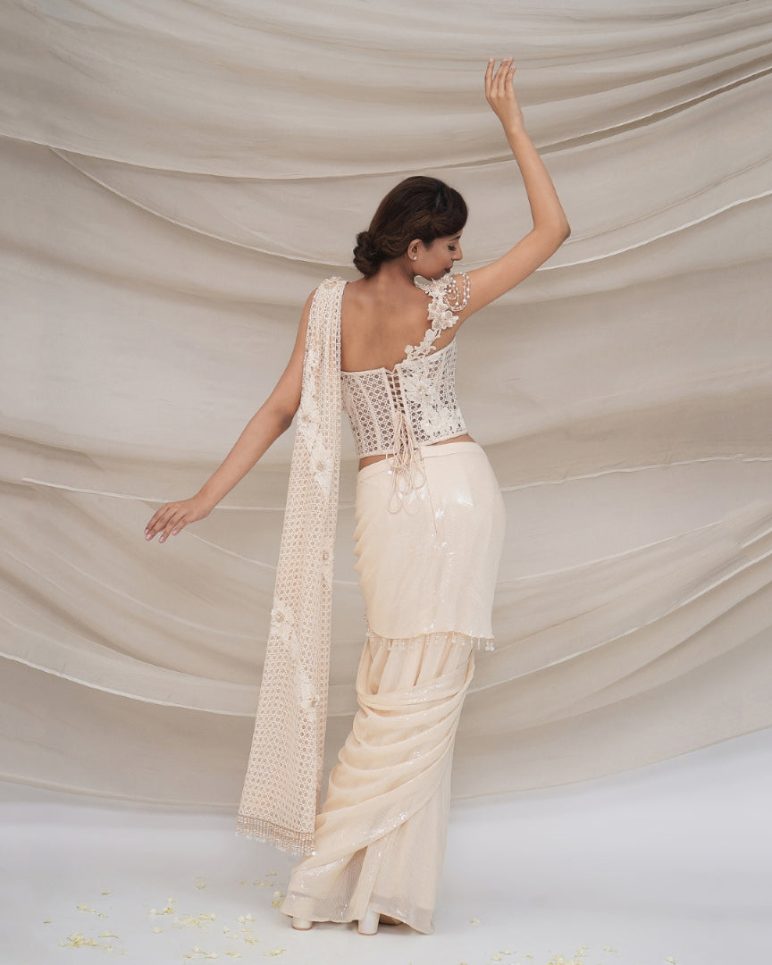 Mesh corset with drape sequin sari