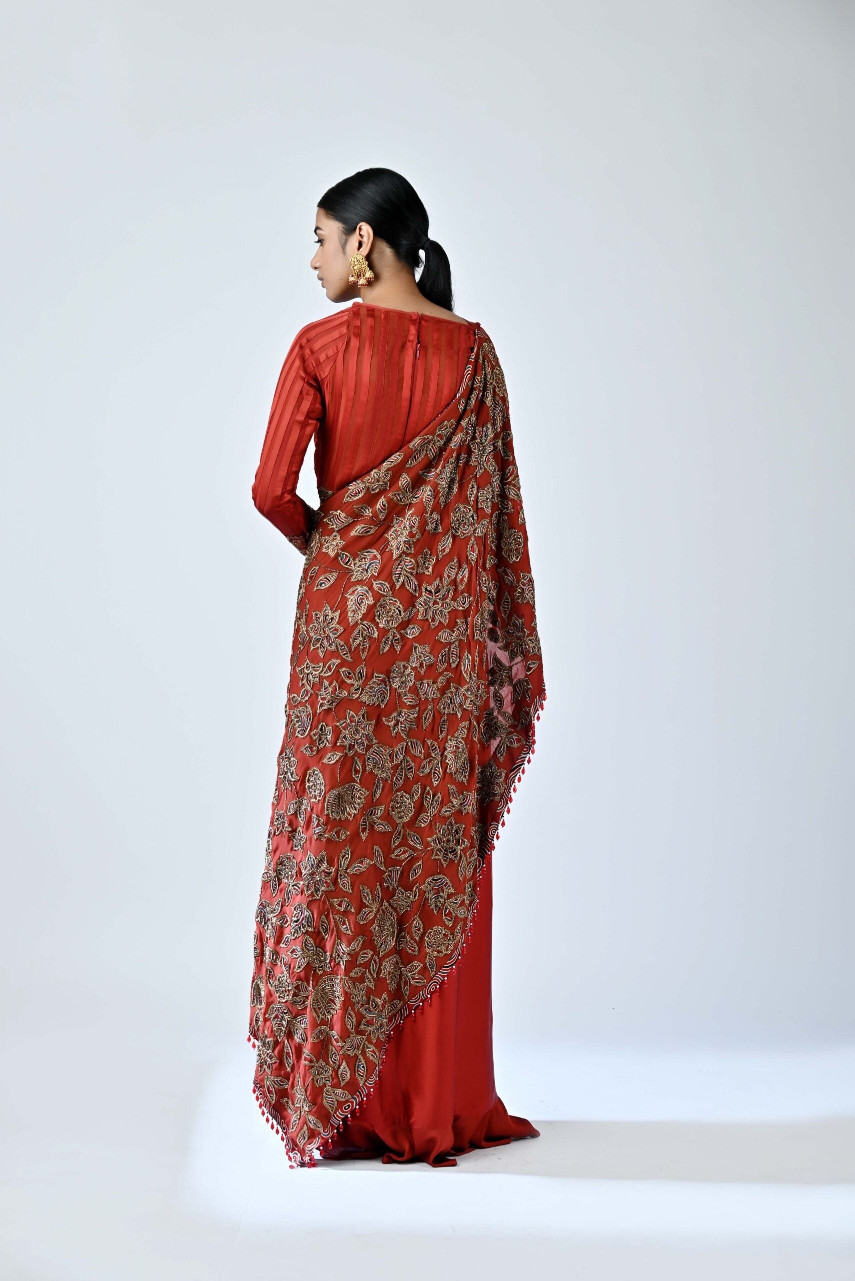 Red ajrakh patchworked gown saree