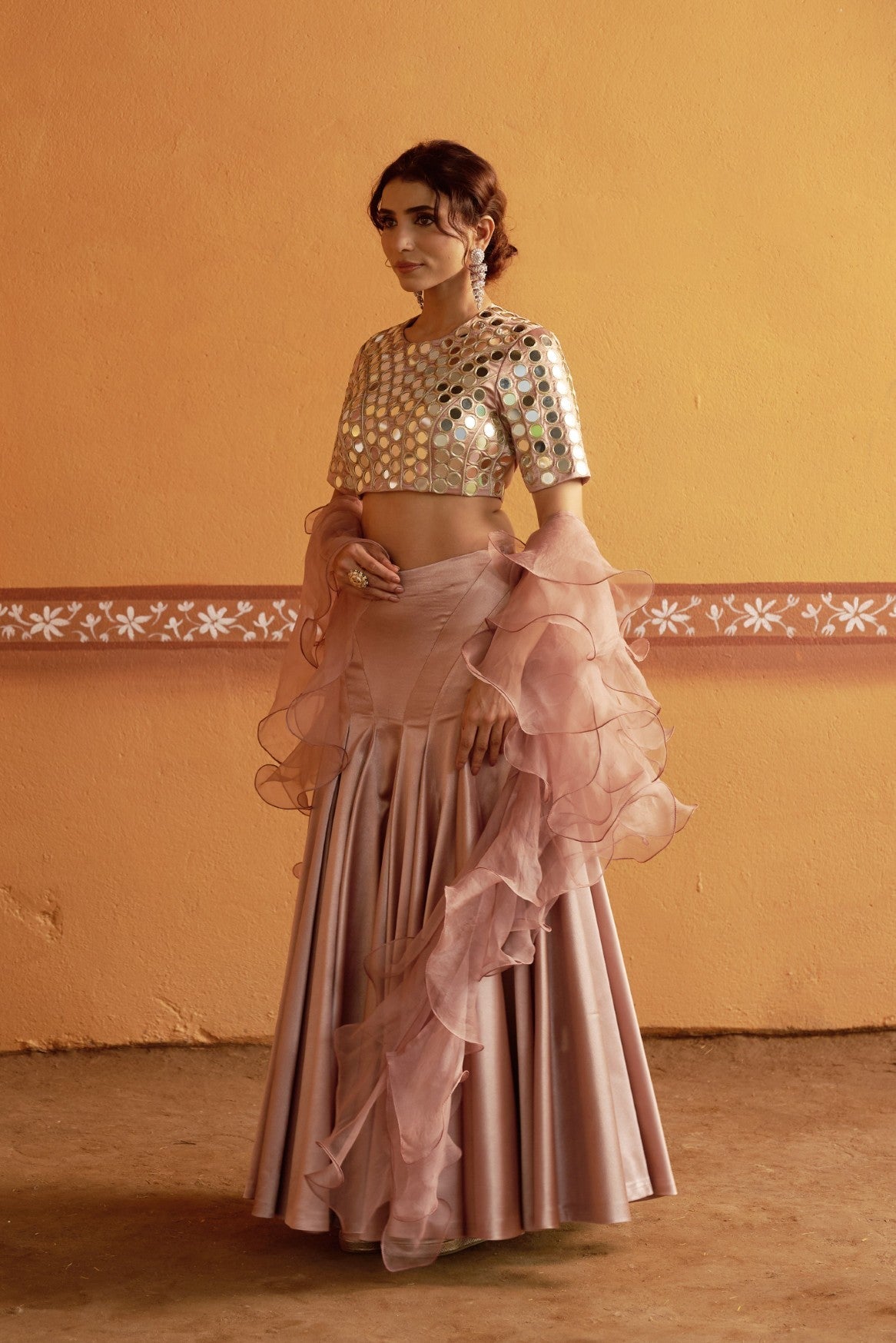 Hand-Embroidered Mirror Work Blouse with Blush Pink Kalidar Lehenga & Ruffle Dupatta