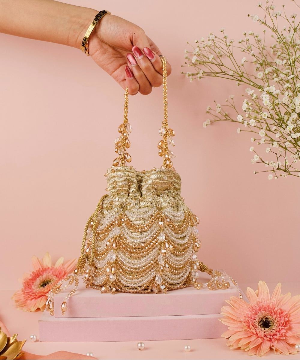 Gulzar Gold & Silver Georgette Embellished Bucket Bag