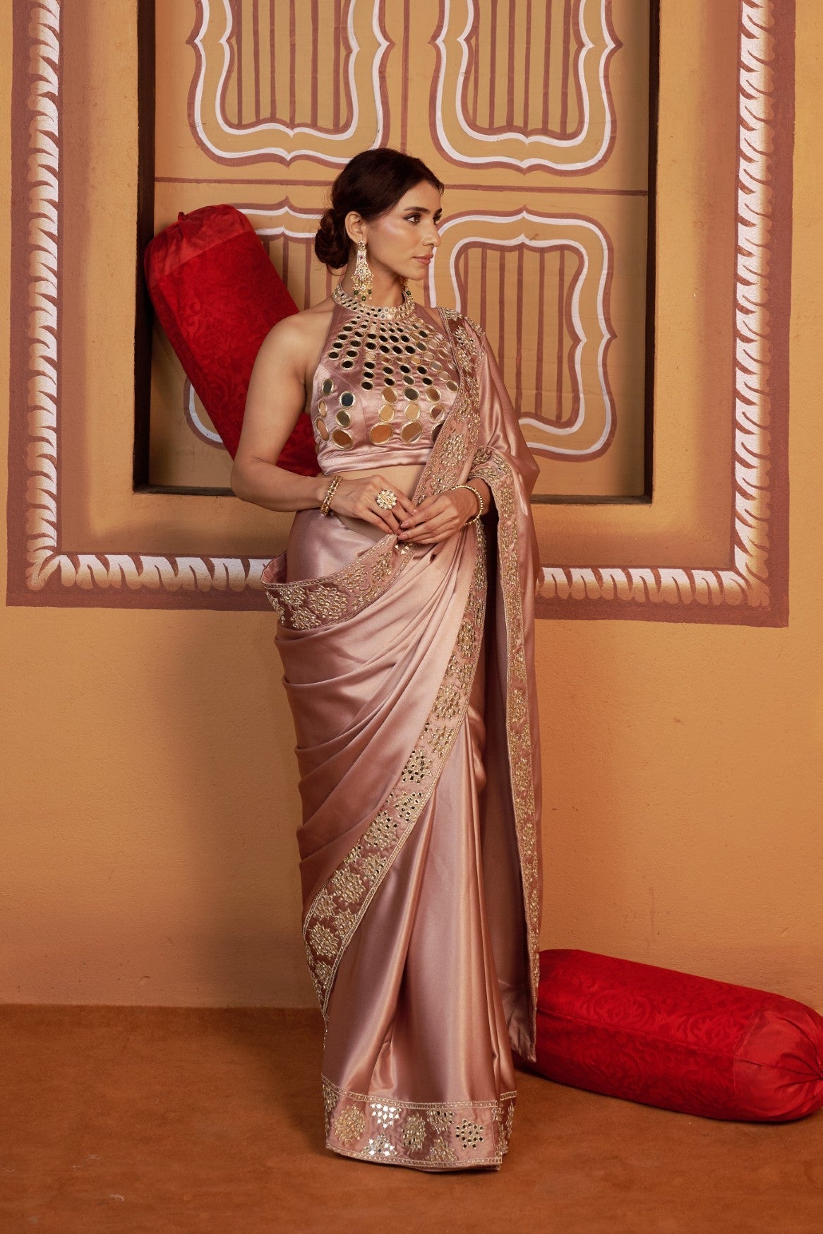 Sun ray hand embroidered blouse with mirror work border saree