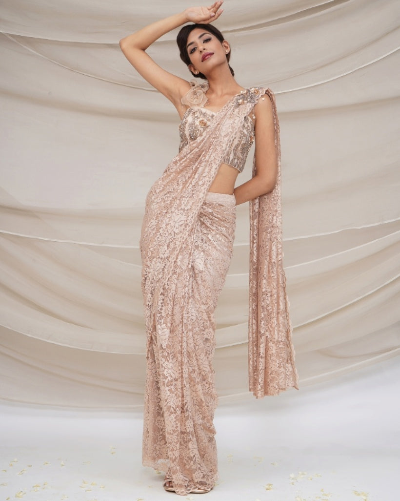 Champaign Gold Lace Pre Stiched Saree