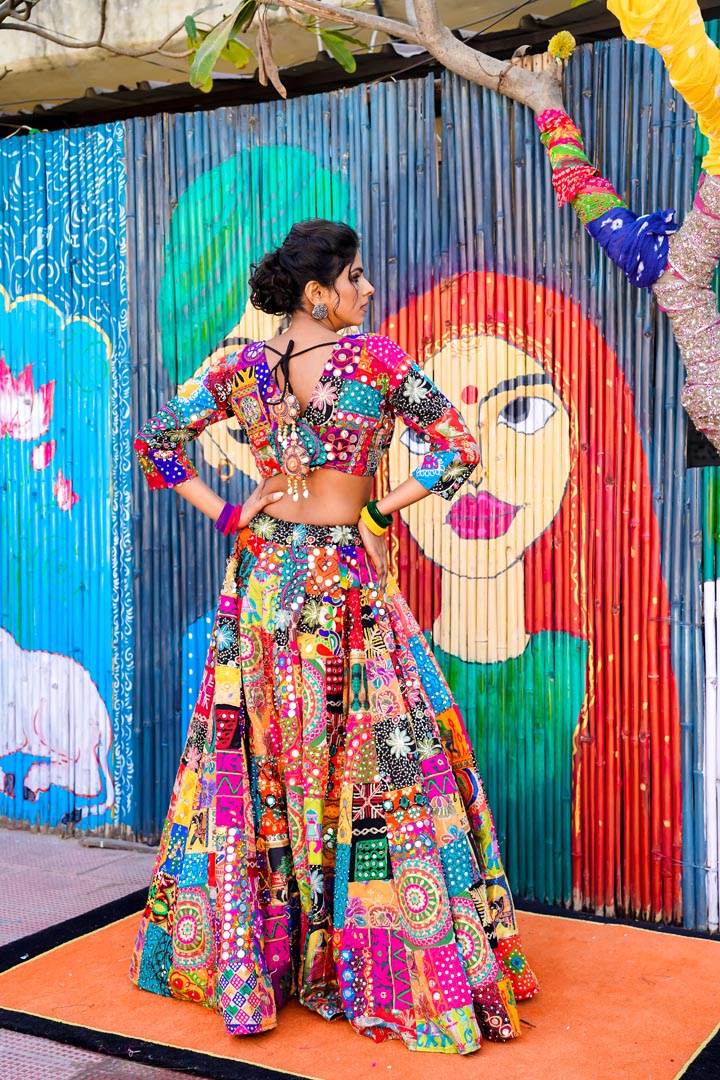 Katha ae Rang Patchwork Lehenga with Handcrafted Kutchi Mirror Work