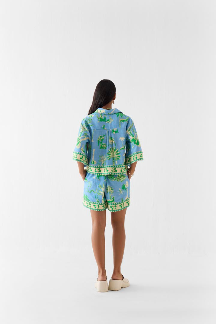 Nila Blue Printed Viscose Linen Crop Top and Shorts Co-ord Set