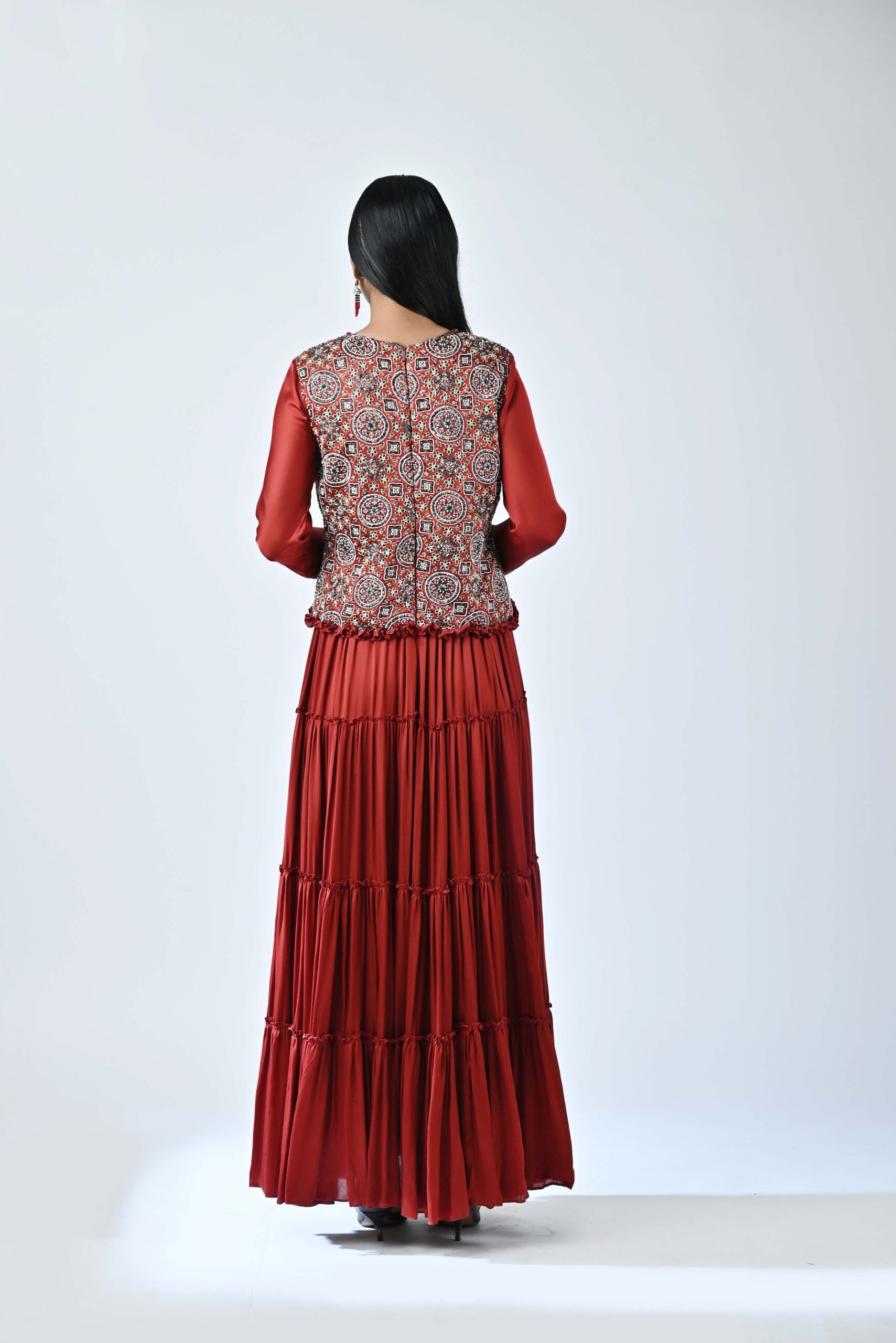 Red ajrakh embroidered tiered dress