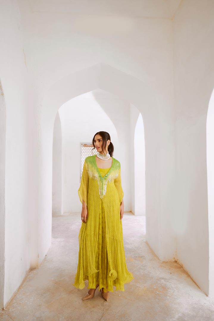 Image of Gulbahar lemon green bling kaftan dress set