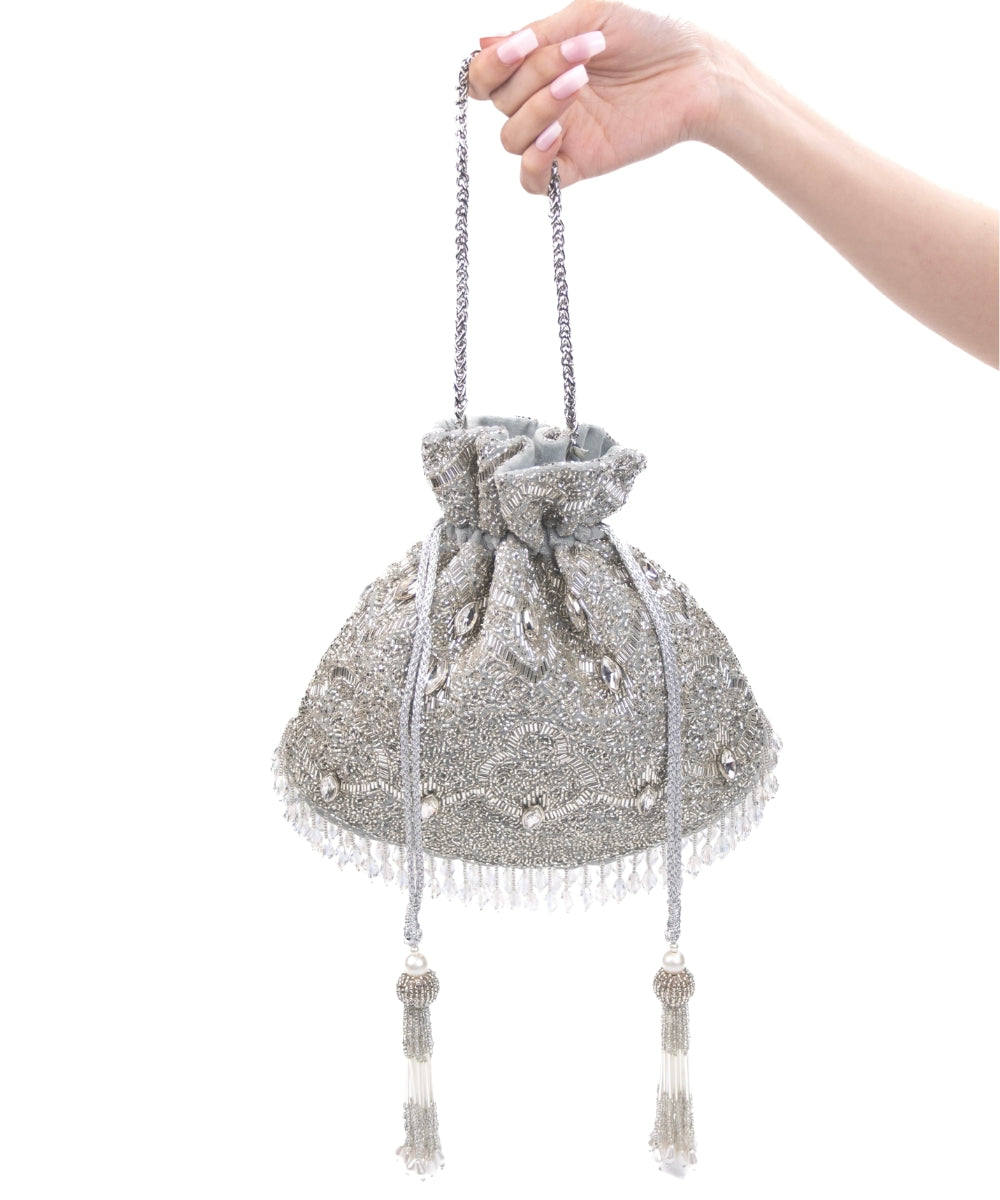 Sunheri Silver Georgette Embellished Potli
