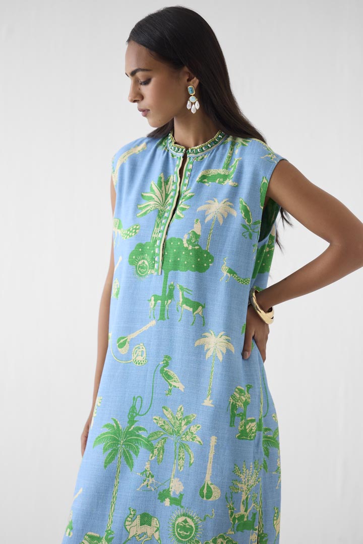Nila Print Blue Viscose Linen Kurta and Pants Co-ord Set