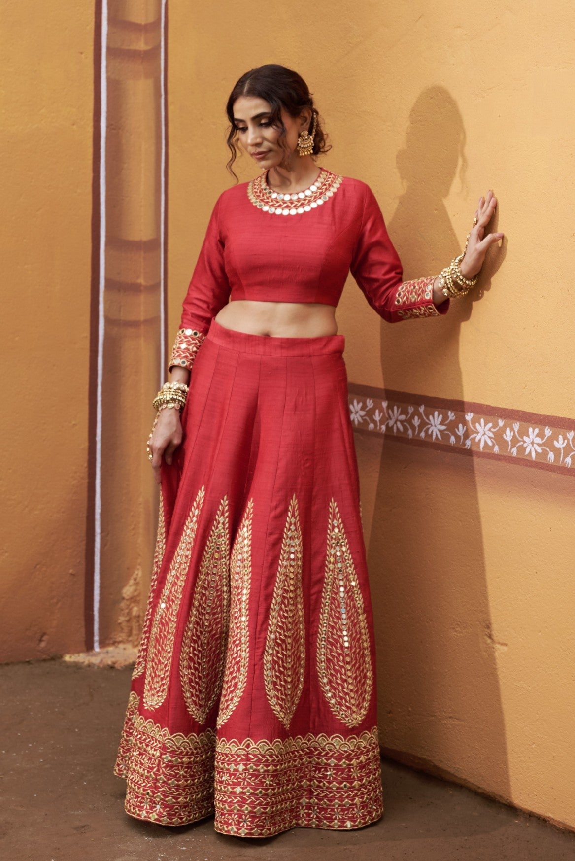 Kalidar red hand embroidered lehenga with blouse and dupatta