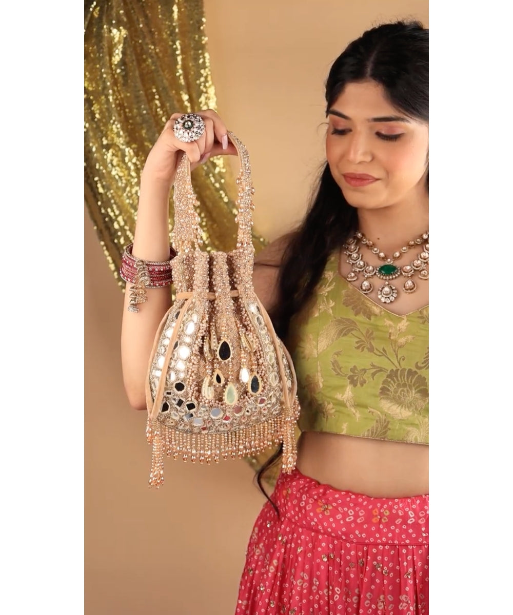 Tarah Gold Suede Mirror Embellished Potli