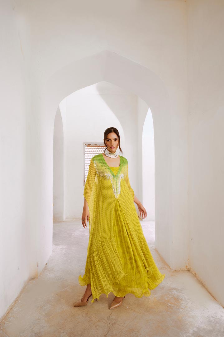 Image of Gulbahar Lemon green bling kaftan