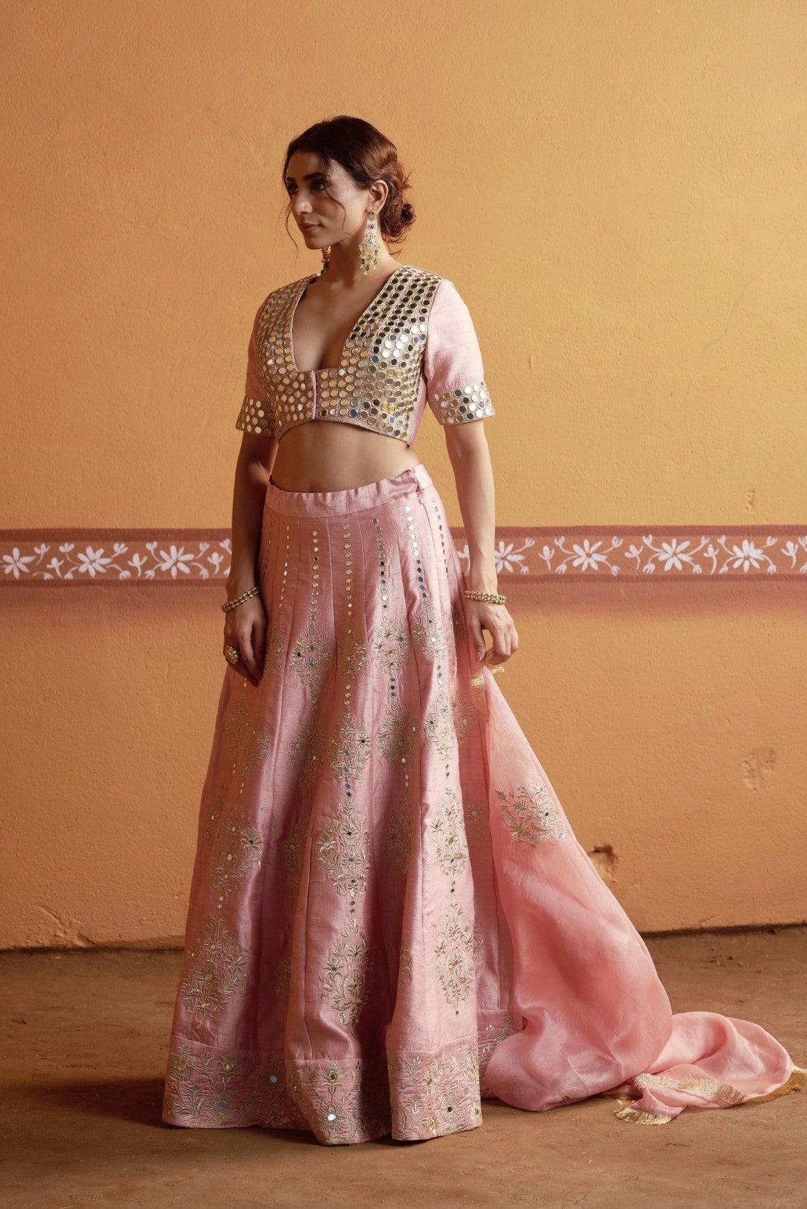 Kalidar blush pink hand embroidered lehenga with blouse and dupatta