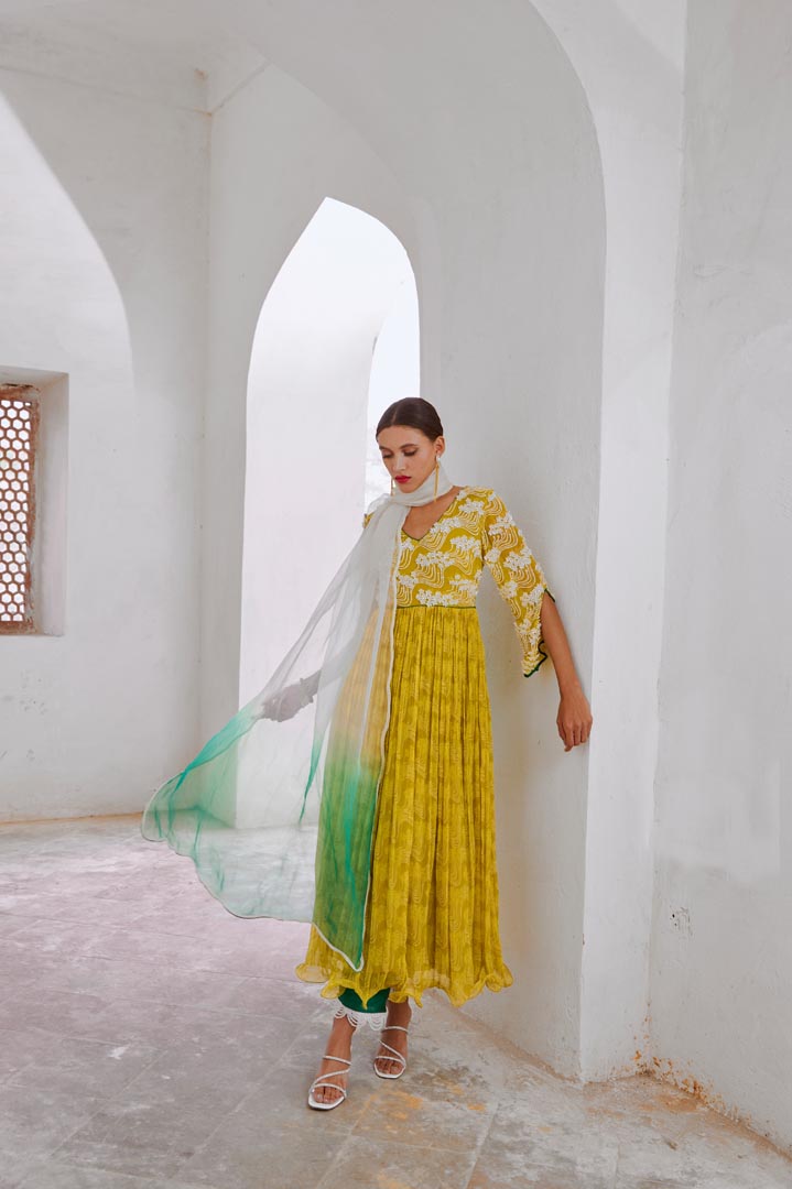 Image of Lemon green Bahaar anarkali set