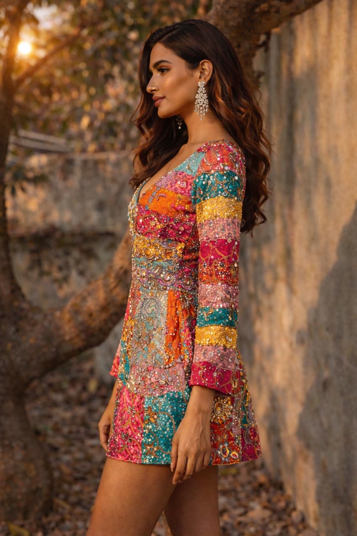 Mehrang Embellished Mini Dress - Hand-Embroidered Luxury Statement Mini