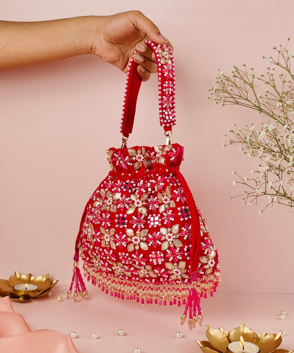 Rida Magenta Suede Gota Mirror Embellished Potli