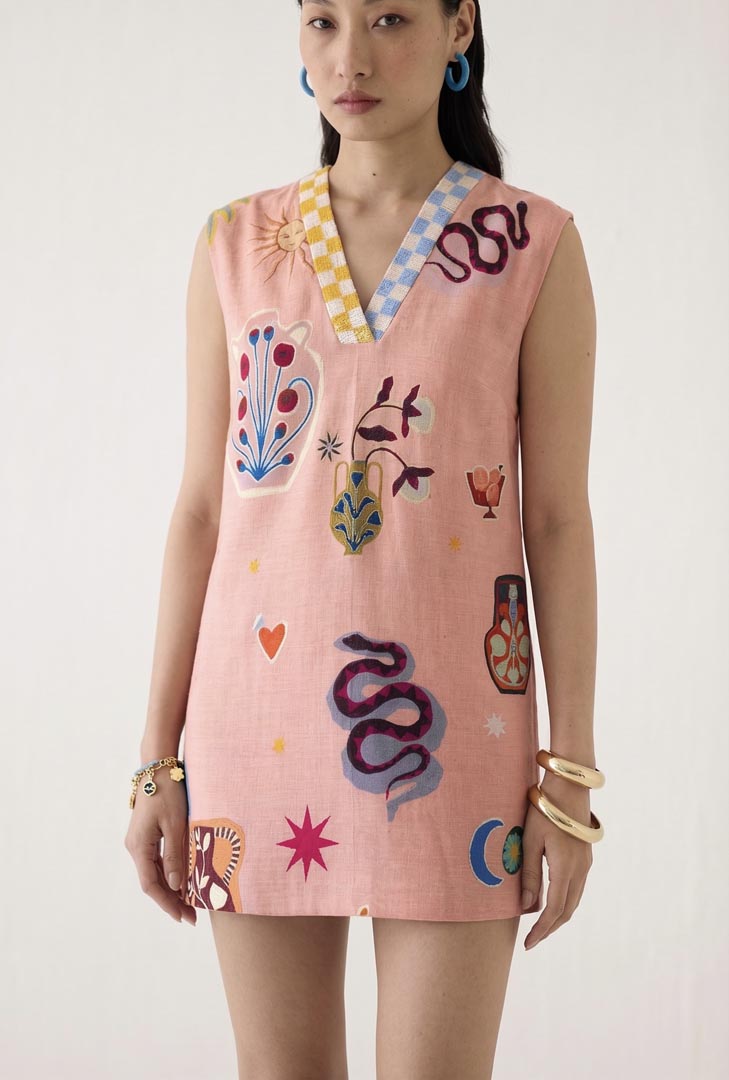 Pottery Print Viscose Linen Short Dress - Luxury Resort Shift