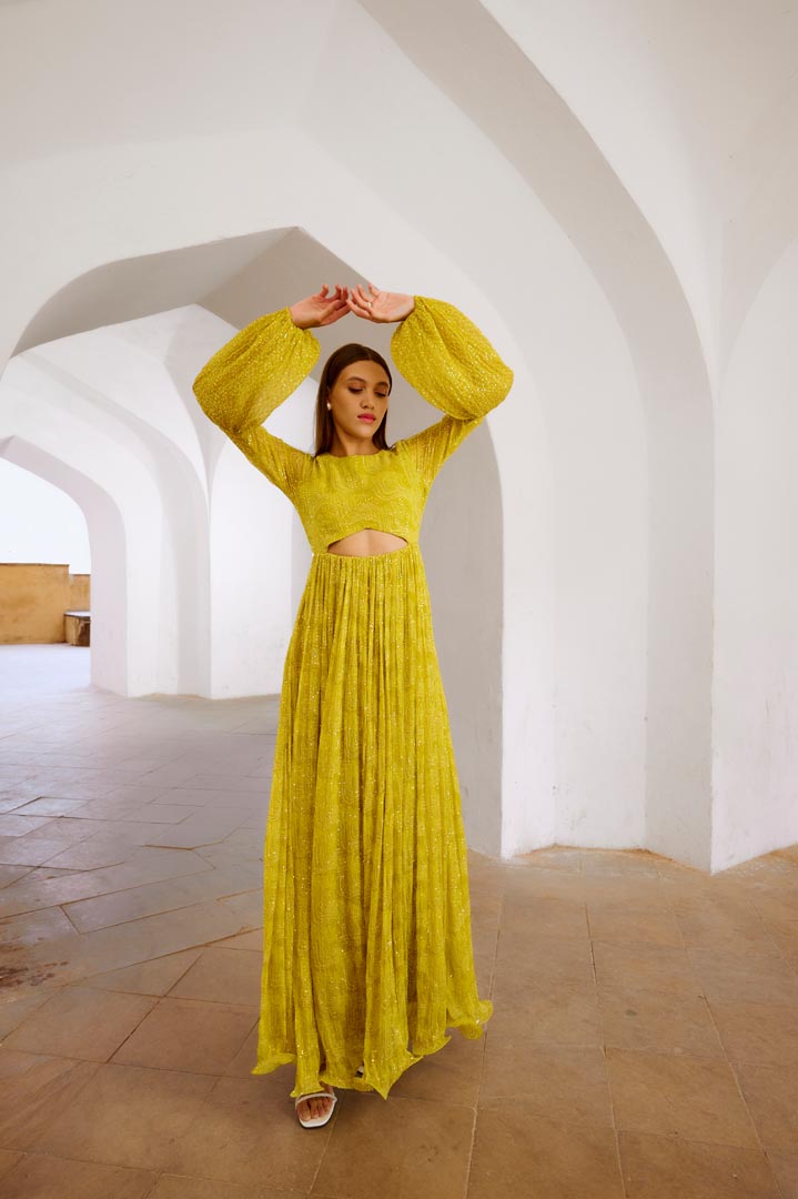 Image of Gulbahar Lemon green peekaboo waist jugnu sequin maxi