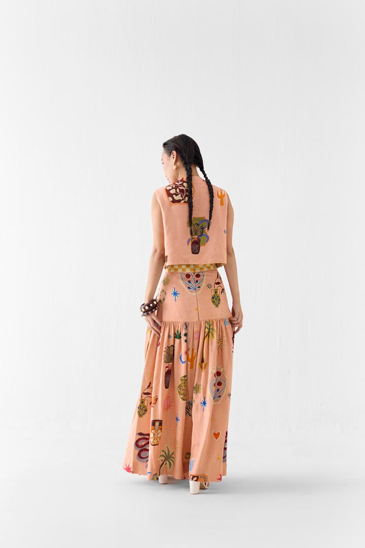 Pottery Print Viscose Linen Crop Top and Gathered Skirt Co-ord Set