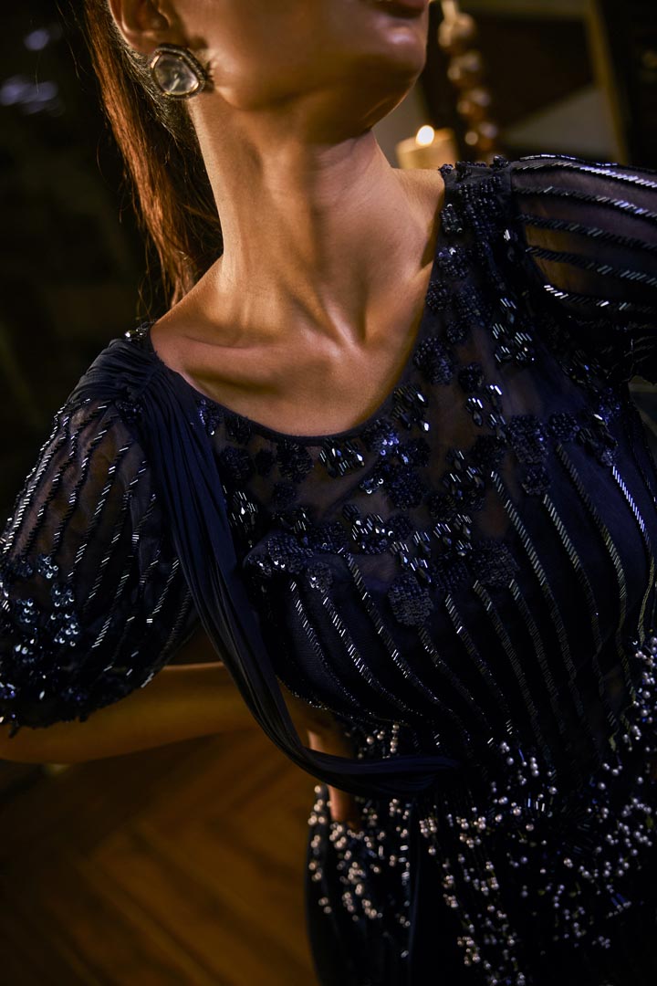 Midnight Blue sharara set with pearl and bead embellishments
