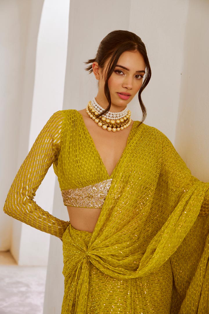 Image of Lemon green Gulnasheen jugnu drape saree blouse set