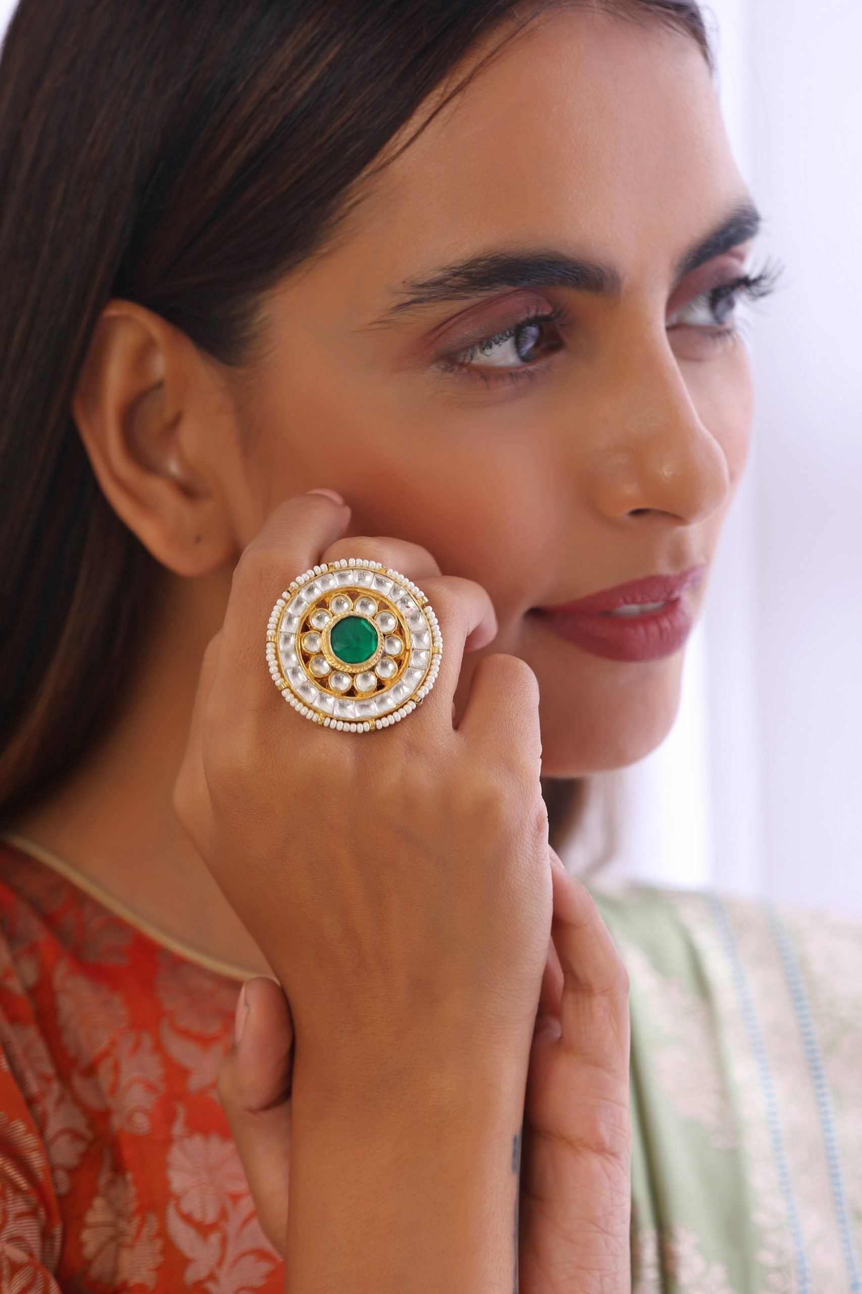 Green Gold Tone Kundan Ring