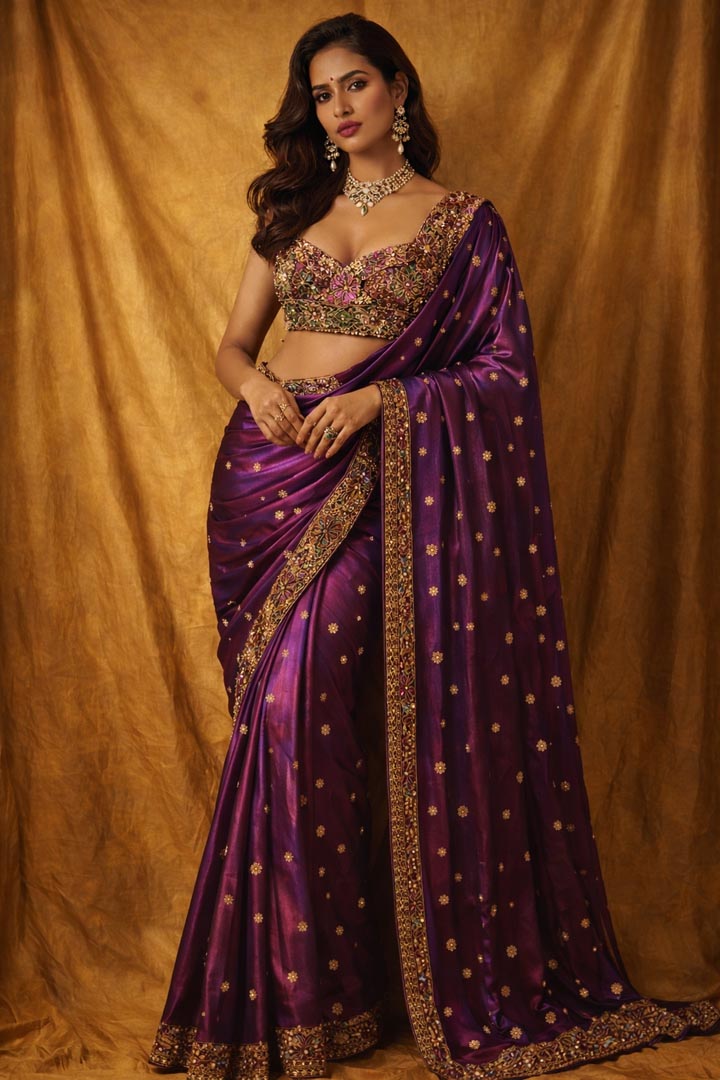 Plum Handcrafted Patchwork Saree with Metallic Mirror Work