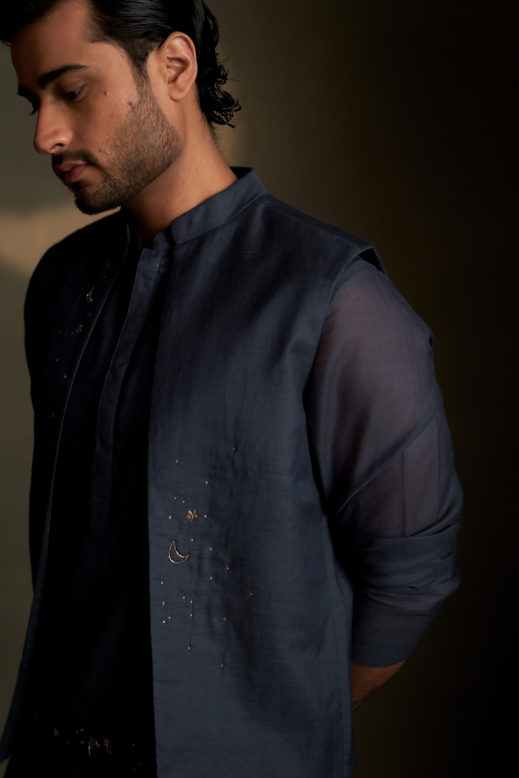 Blue Dusk Long Kurta Set with Short Jacket