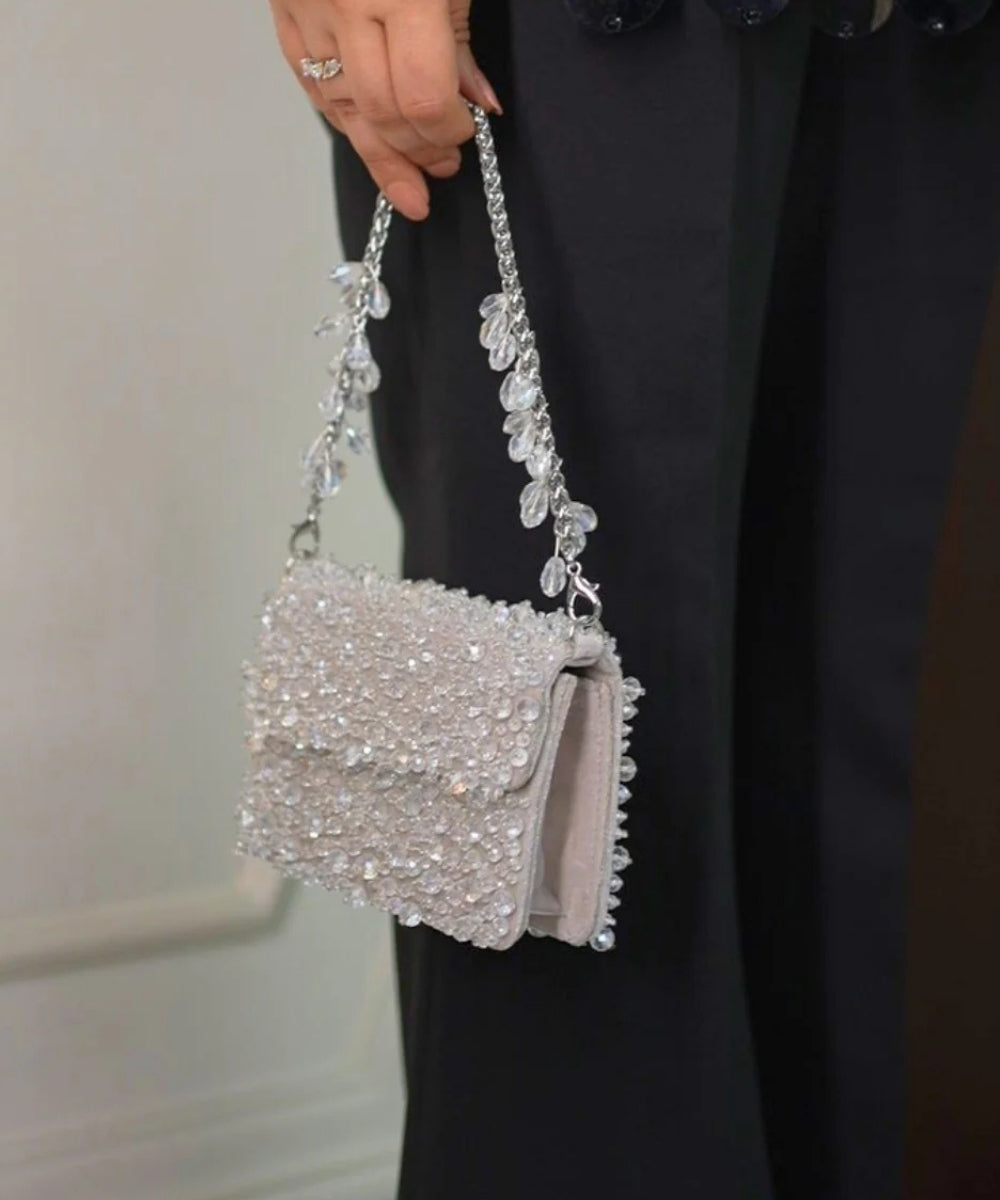 Kiyara Silver Suede Crystal Embellished Mini Bag