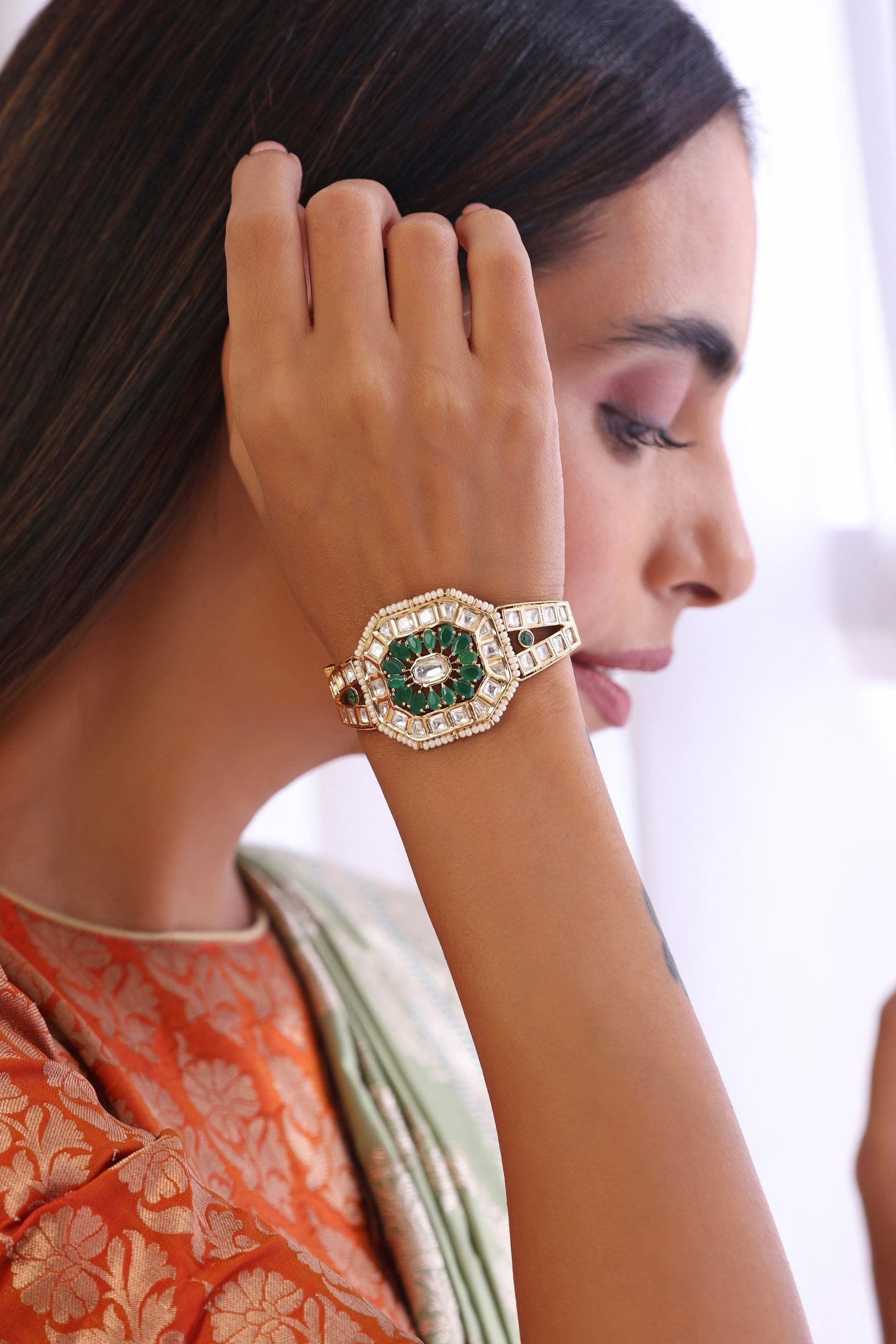 Green Gold tone Kundan Bracelet