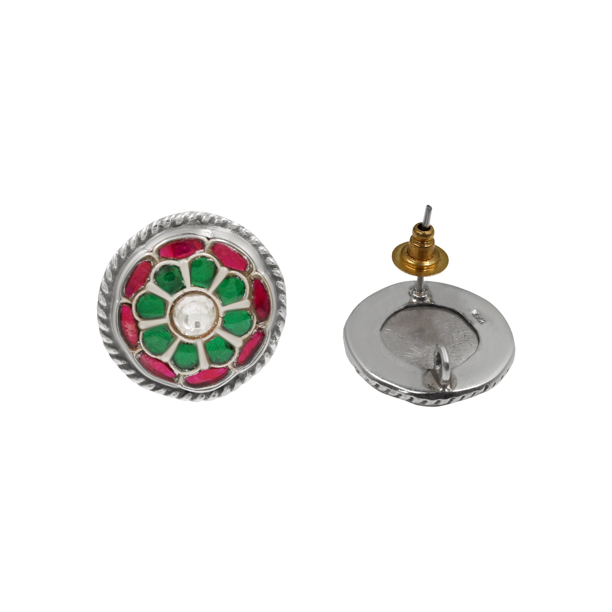 Sangeeta Boochra Green-Red Floral Kundan Silver Studs
