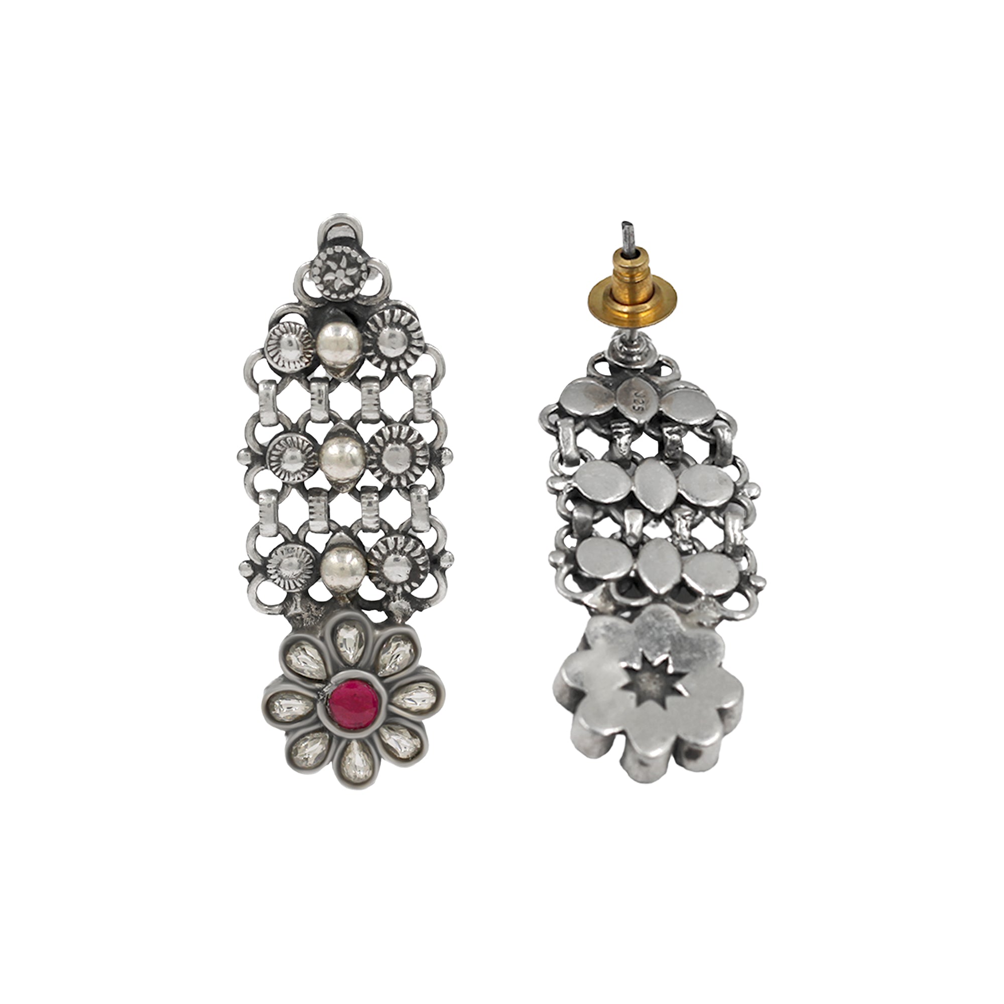 Sangeeta Boochra Floral Kundan Drop Silver Earrings