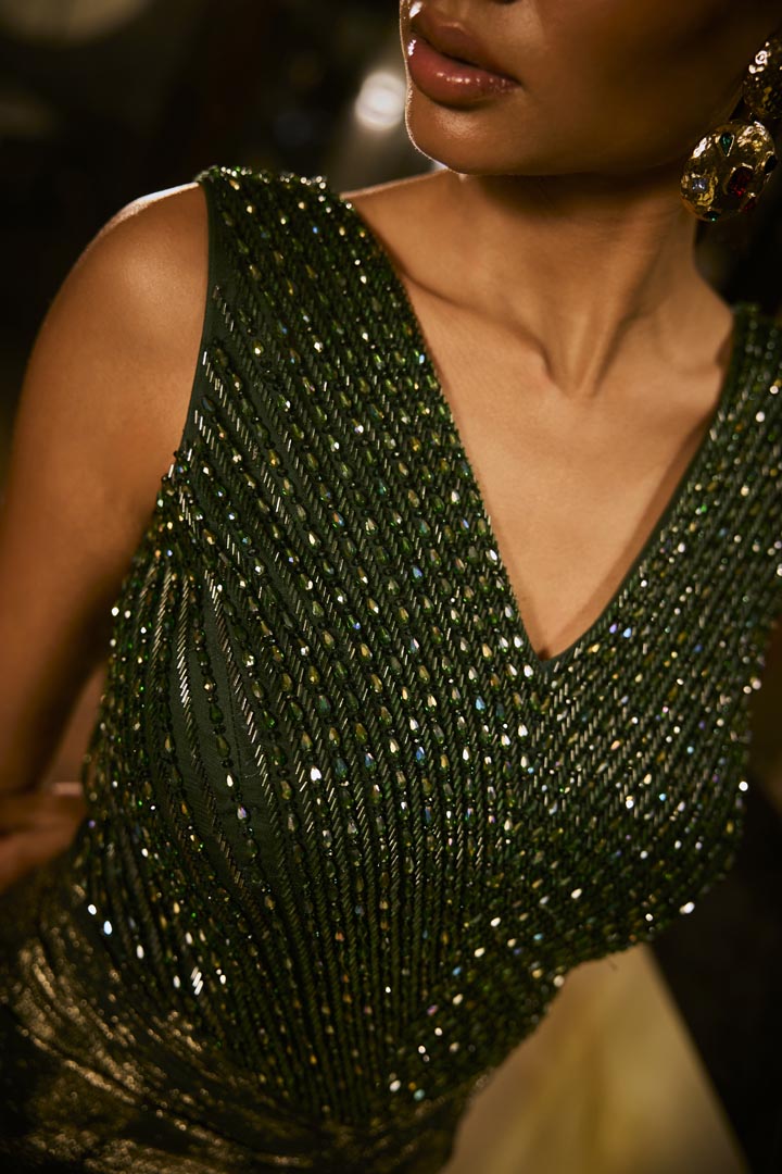 Emerald Green Embellished Gown in Gold Crushed Foil Fabric 6XL Emerald Green Embellished Gown in Gold Crushed Foil Fabric 6XL