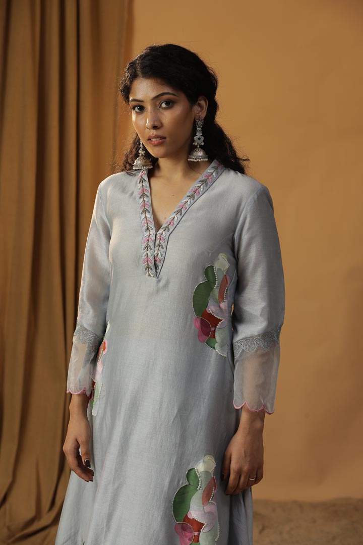 Image of ICE BLUE HANDPAINTED A-LINE KURTA SET