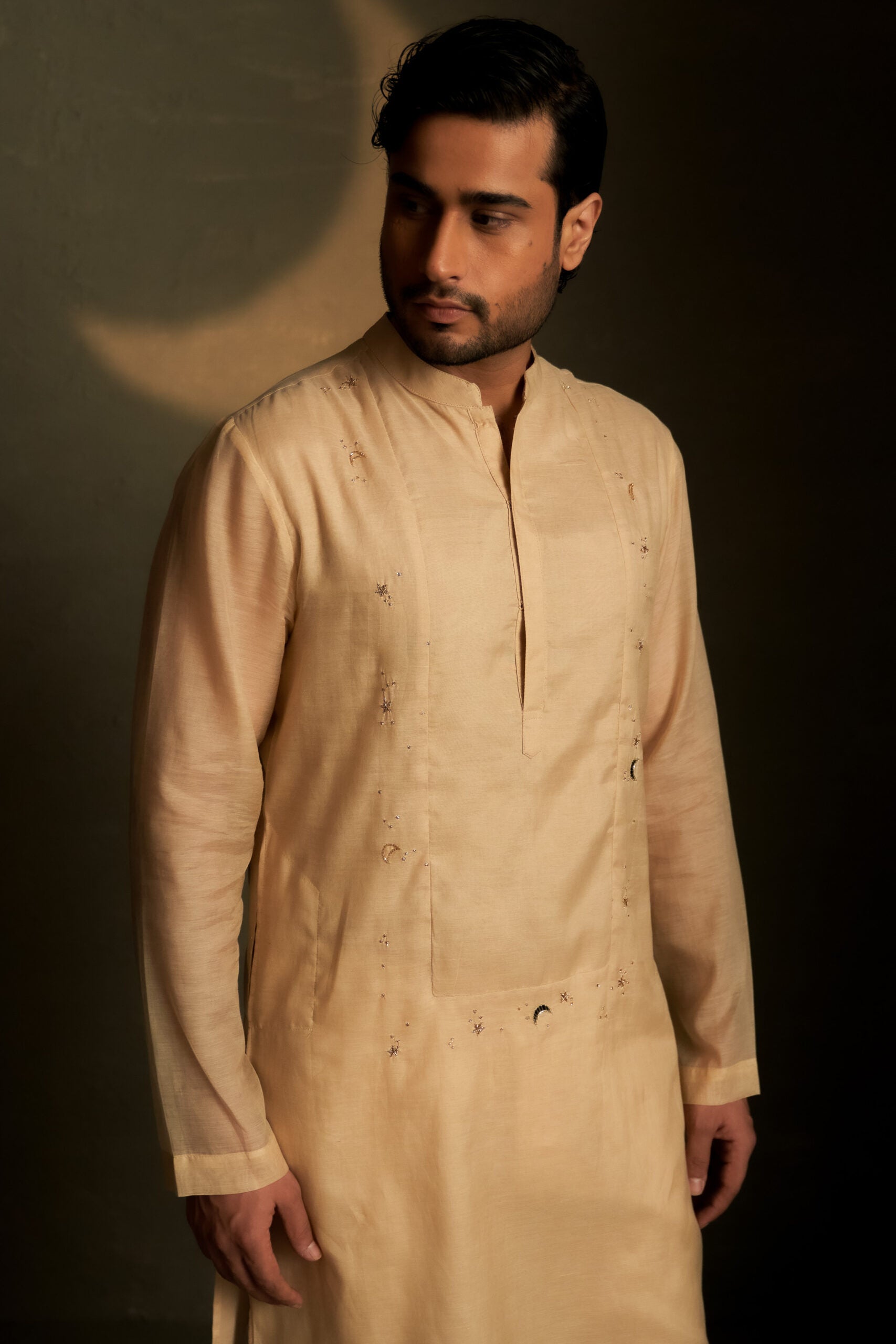 Beige Long Kurta Set with Blue Bundi