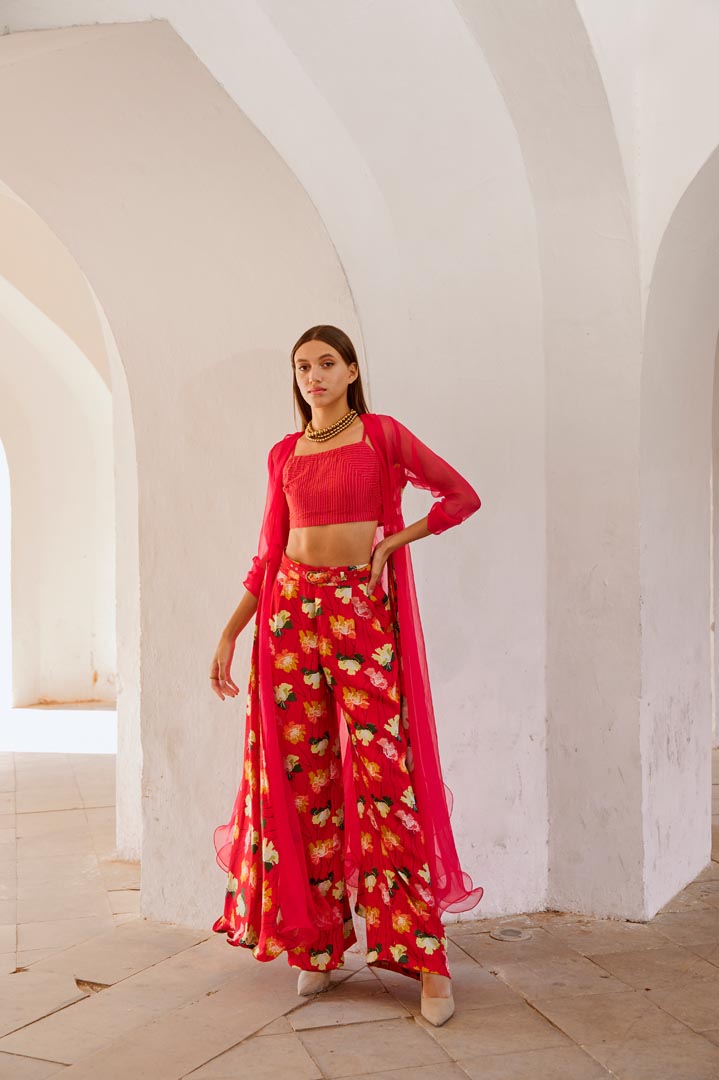 Image of Gulbahar Chilly red organza Jacket with  crop top and culottes set