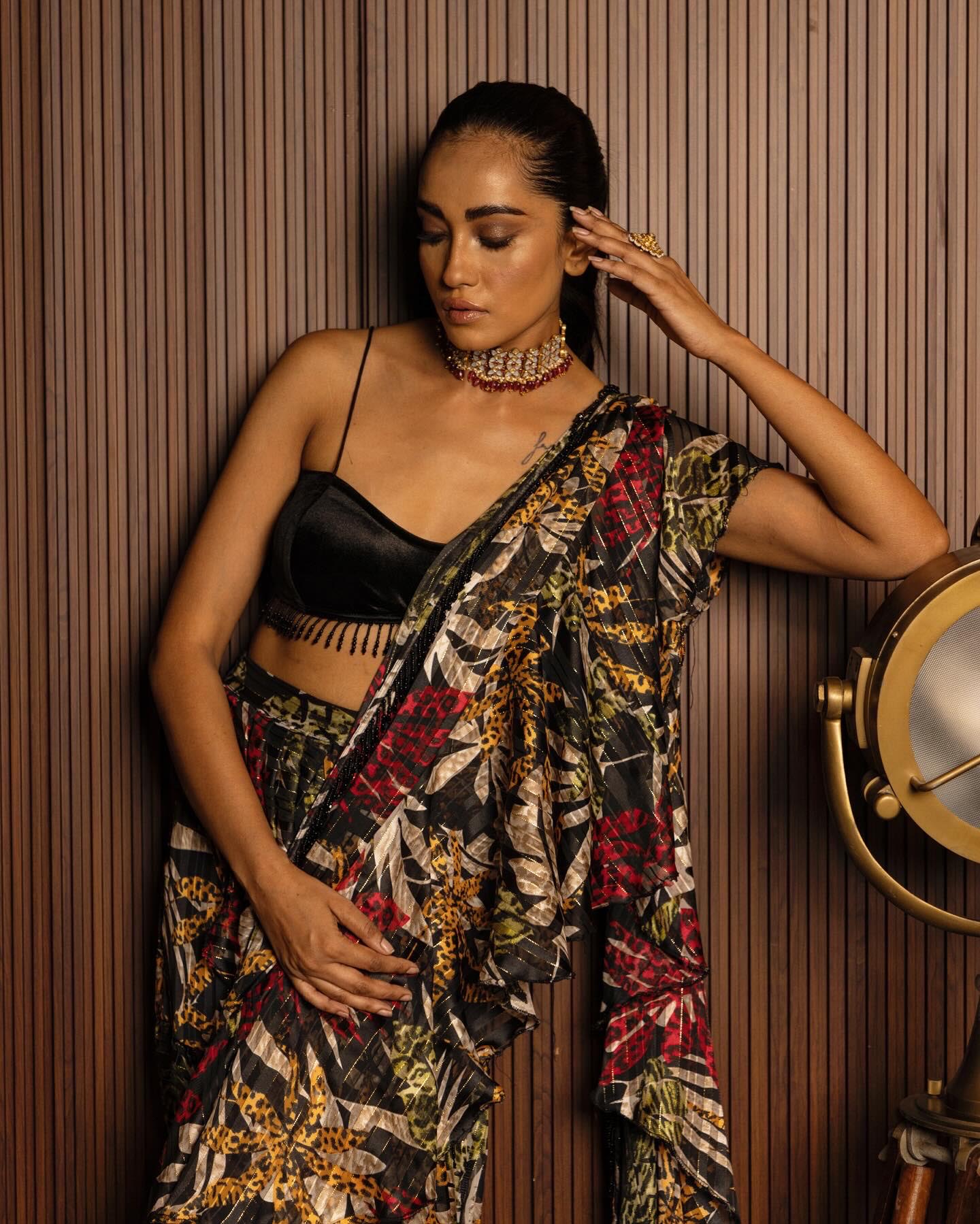 Printed ruffle saree with velvet blouse