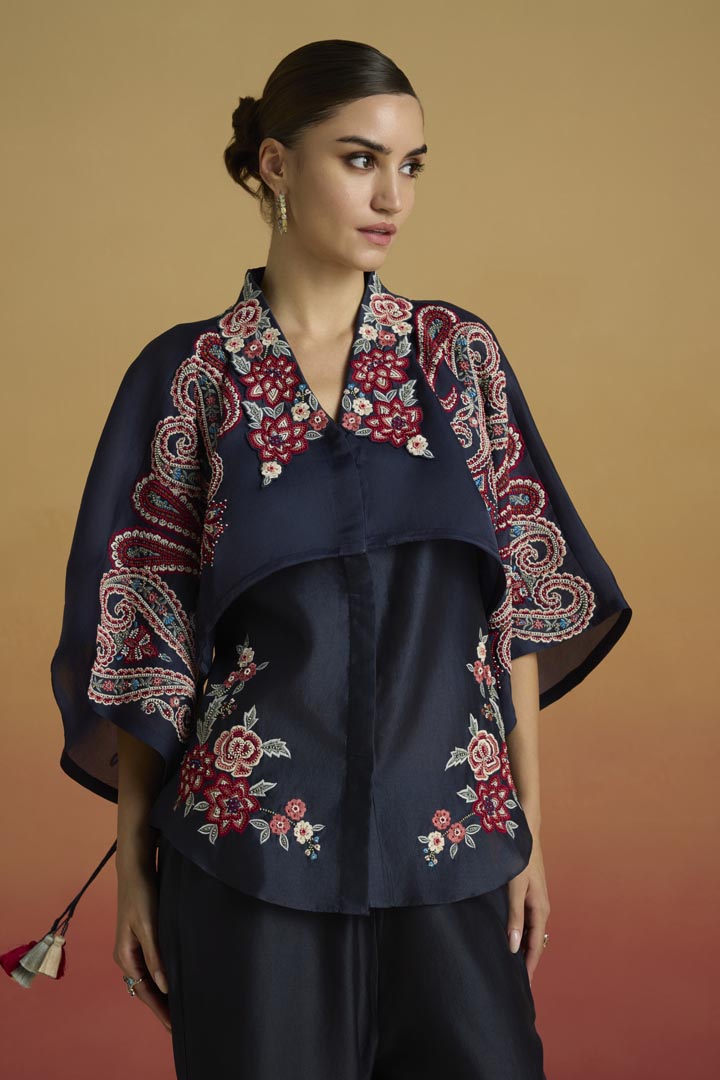 Indigo Paisley Layered Shirt in Chanderi and Silk Organza