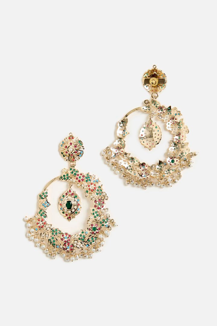 Oversized Chandbali Earrings with Multicolor Stones and Pearl Drops