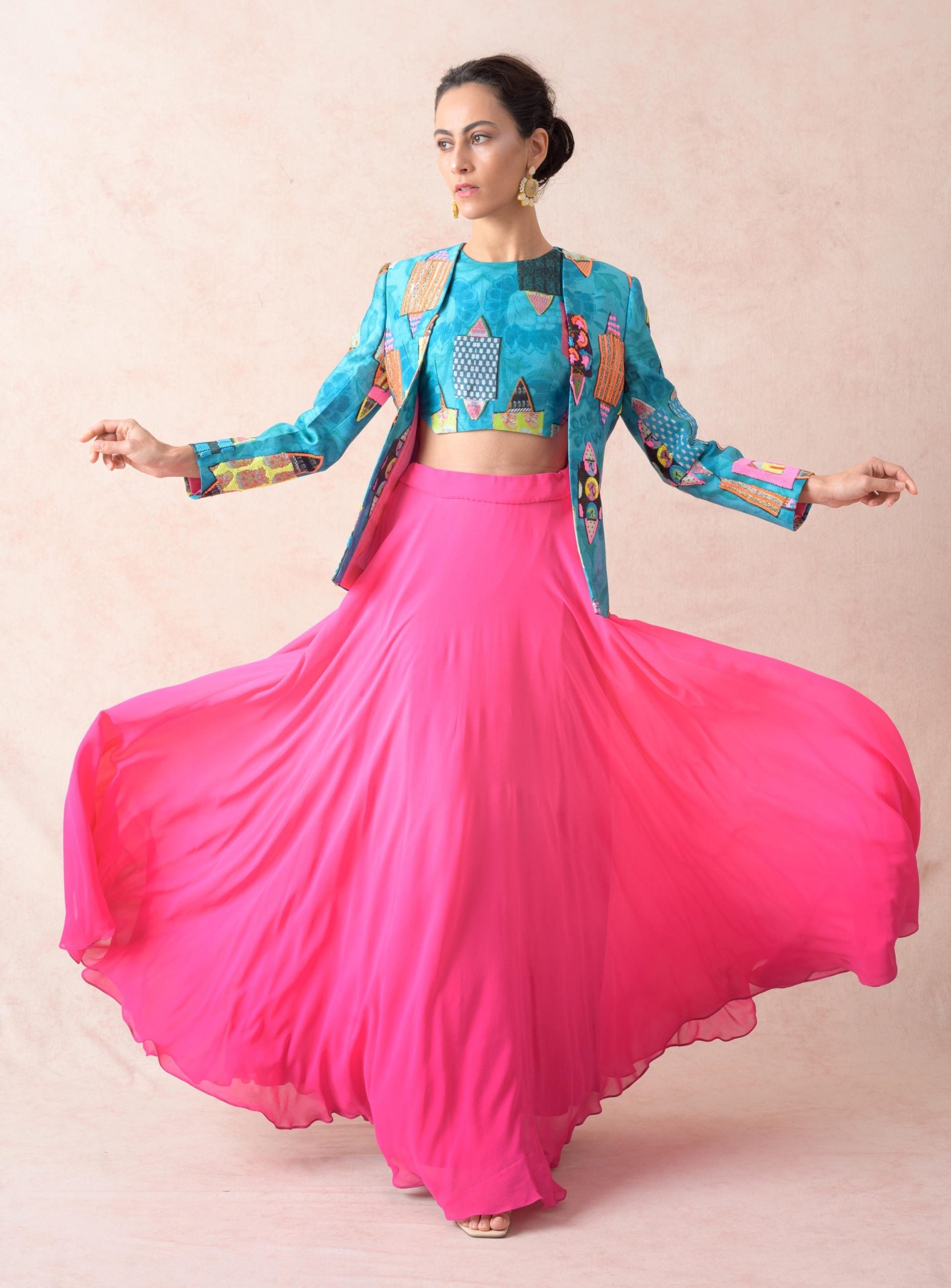 Hand embroidered Ayra chanderi silk jacket with blouse and ombre lehenga