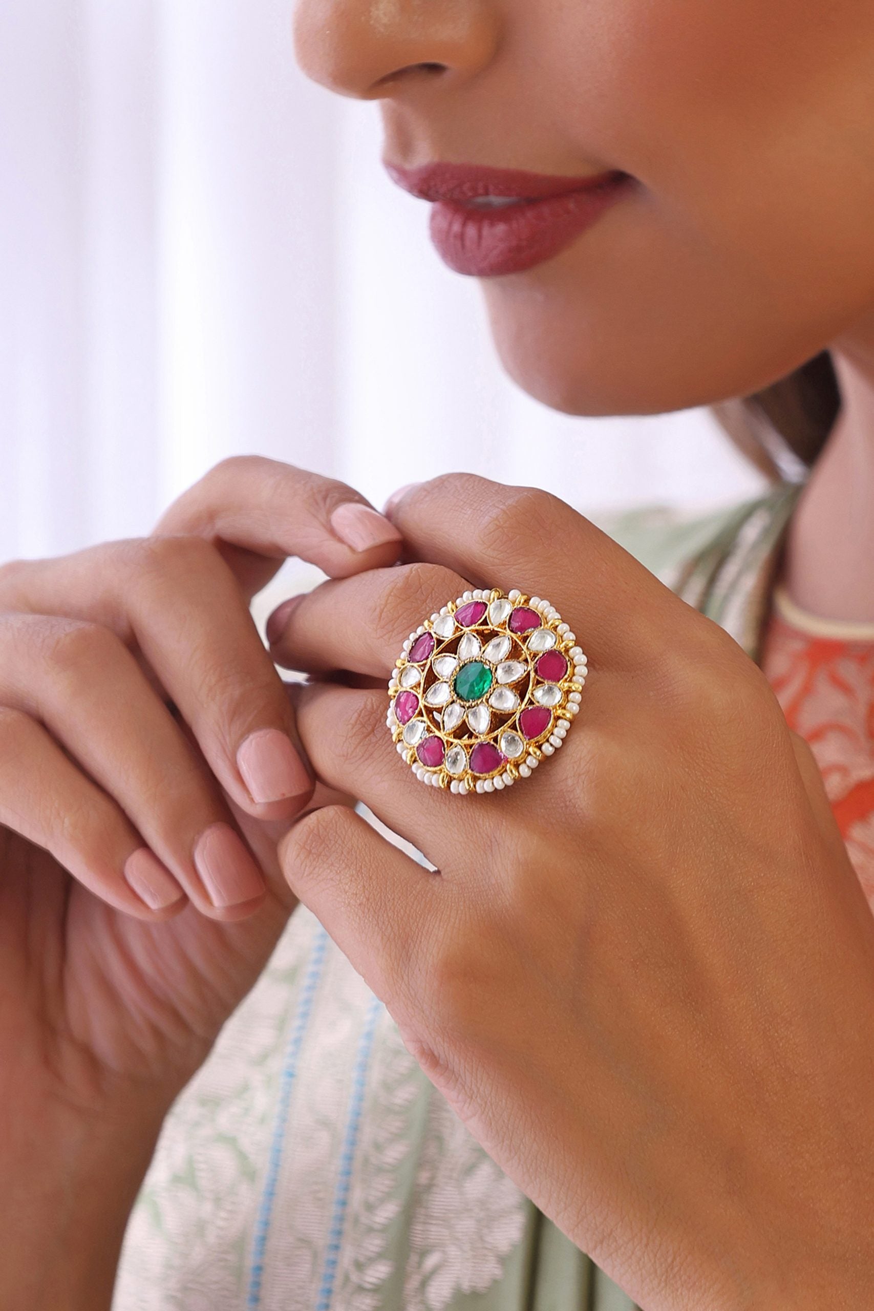 Red and Green Gold Tone Kundan Ring